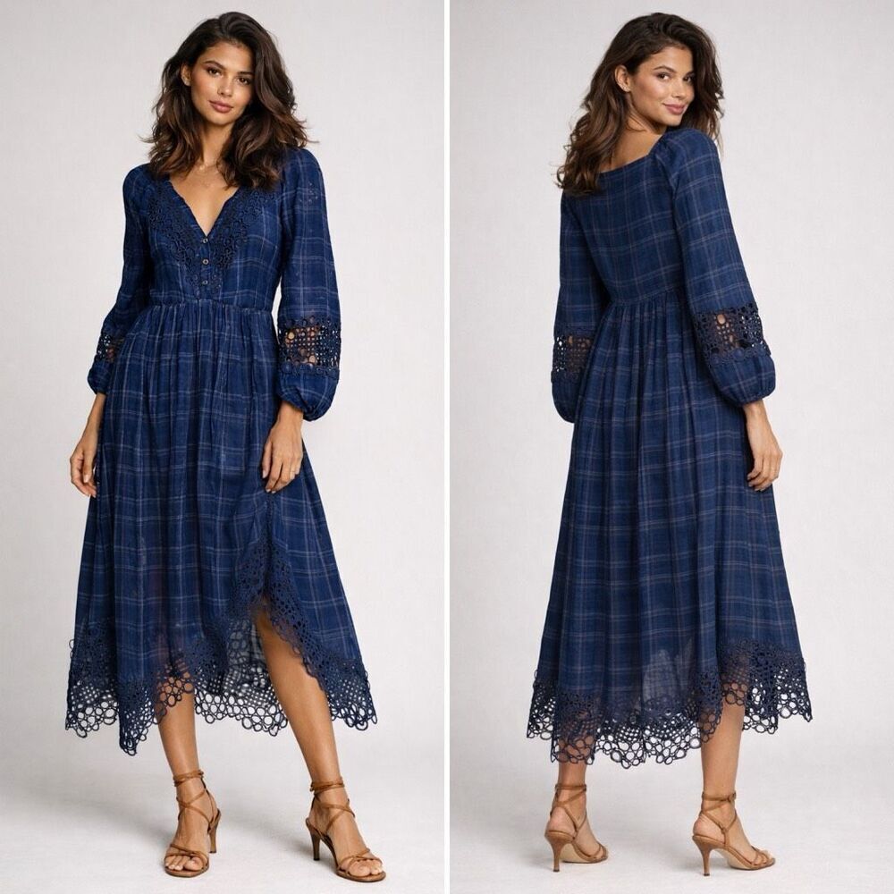 Anthropologie AKEMI + KIN Blue Codie Handkerchief Midi Dress 8 Prairie Cottage